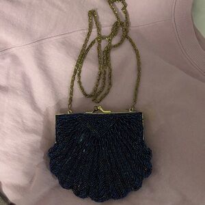 Navy Beaded Clutch with Chain Strap